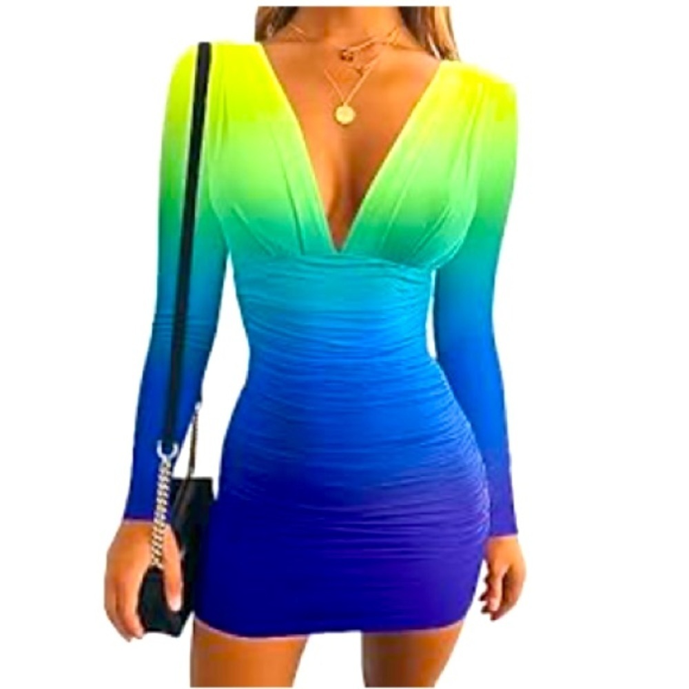 Long Sleeve Deep V Neck Ruched Bodycon Mini Dress Medium Blue & Neon Gre…